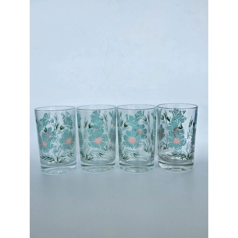 Vtg Taylor Smith & Taylor Teal Ever Yours Floral Juice Glasses Set of 4 MCM 4 oz